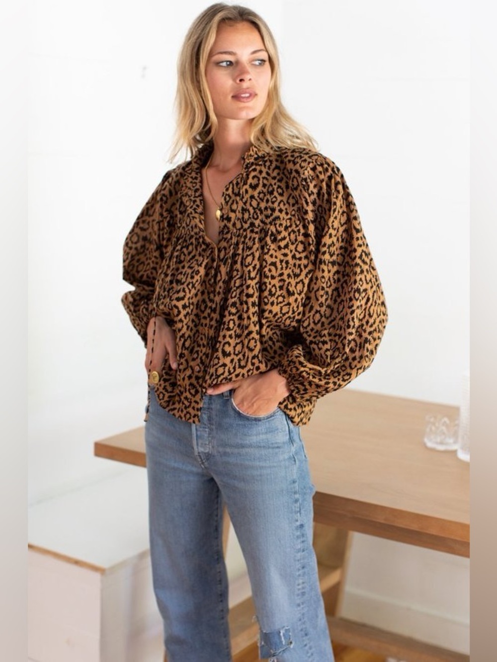 India Collection Emerson Fry Emmaline Blouse Leopard Print Size Medium